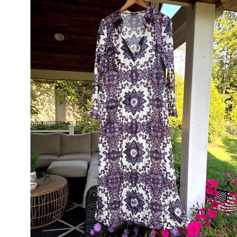 Boden Maxi Dress Size 4 Print Silk Blend Long Sleeve Collared Shirt Dress Modest